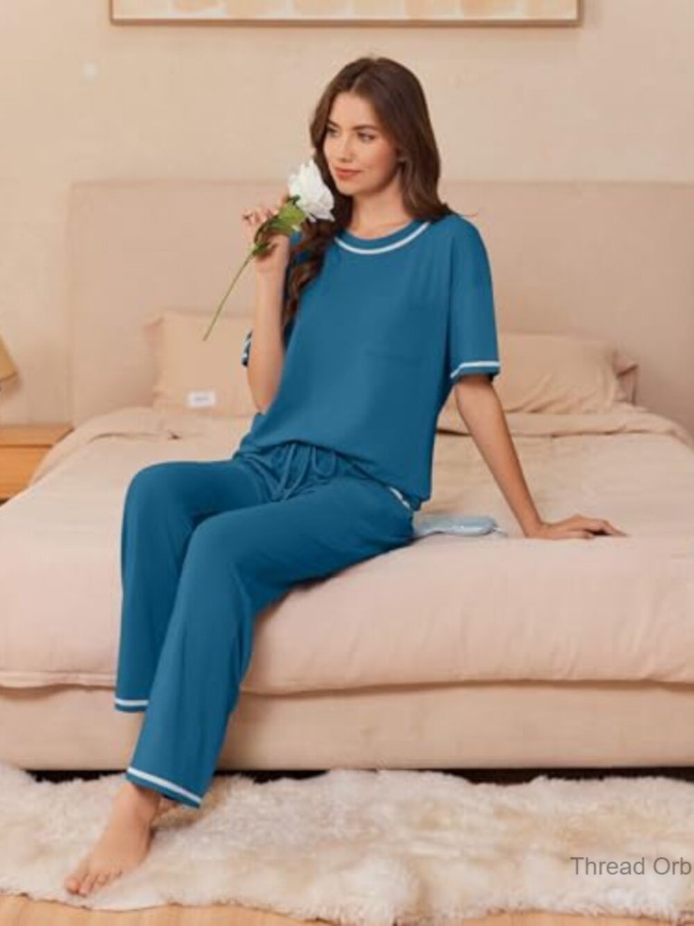 Soft Cotton Pajama Set with Pockets, Short Sleeve Top & Relaxed Pants - Picture 5 of 7